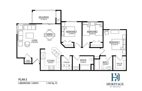 Floor plan for 3 beds, 2 baths, 1103 sqft